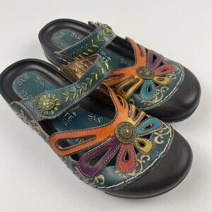 L'Artiste Spring Step Apola Clog Women EU 39 Hand Painted Floral Leather Boho